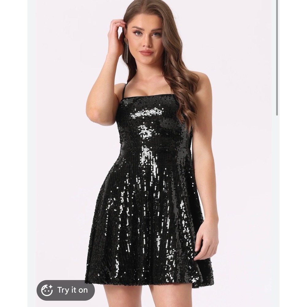 Allegra K Black Sequin Disco Mini Homecoming Dress Fit Flare Party Size Medium